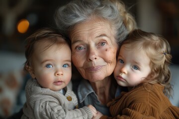 An elderly woman with grey hair smiles warmly, holding two young grandchildren with a blurry background