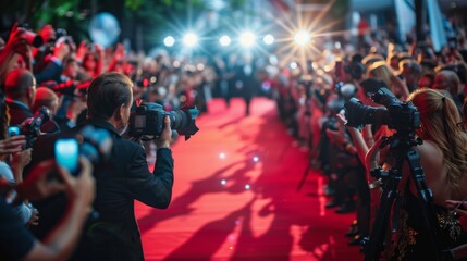Red carpet at an awards ceremony, with photographers and fans lining the sides, capturing the excitement and anticipation of the event