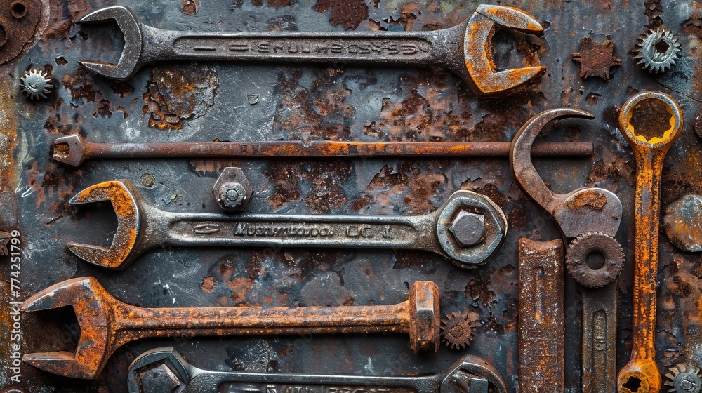 Wall mural rusty tools on metal table.