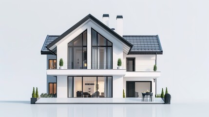 Visualize a sophisticated modern house portrayed in a 3D illustration against a clean white...