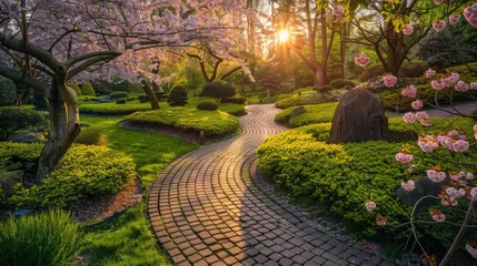 Fotobehang Japanese garden, the soft light of the sun casts long shadows on the brick path lined with traditional lanterns and bonsai trees © AlfaSmart
