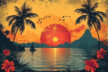A colourful tropical palm trees silhouettes, island, leaves, and flowers repeat in retro style. Modern art illustration for summer designs, print, exotic wallpaper, textile, and clothing.