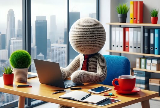 ai generated 3D illustration Crochets doll employee figures working in front of a computer with an office room in the background