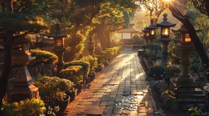 Rolgordijnen Japanese garden, the soft light of the sun casts long shadows on the brick path lined with traditional lanterns and bonsai trees © AlfaSmart