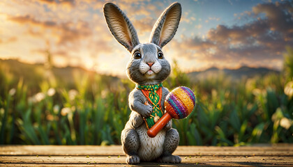 easter bunny getting ready for time traveling, holding maraca like creature in hand. 
