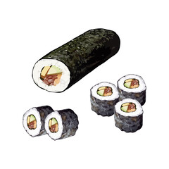 Hand drawn vector illustration of Kimbap or Korean Seaweed Rice Rolls