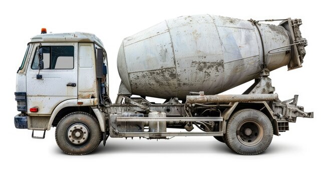 Visualize an image of a cement mixer truck isolated against a clean white background.