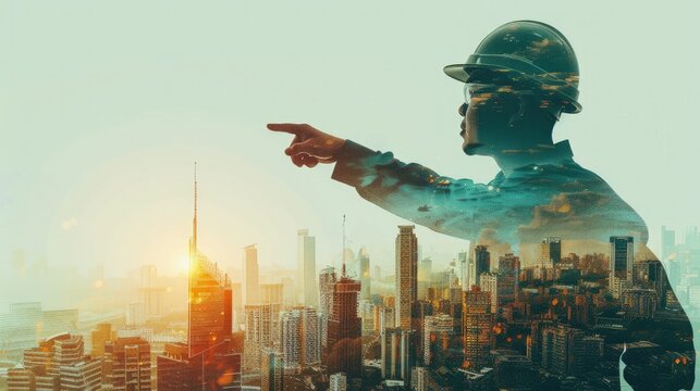 Visualize an image featuring a double exposure of a male engineer pointing at construction site buildings, seamlessly merged with a modern city skyline in the background