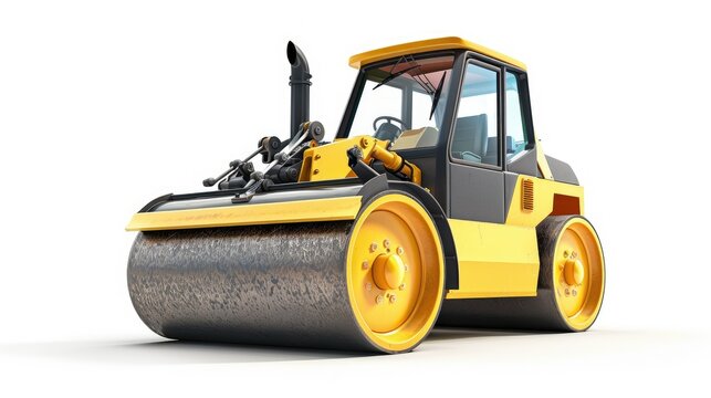 Visualize an image of a modern yellow road roller, isolated against a white background.