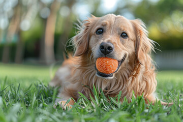 Dog on a green lawn with a toy