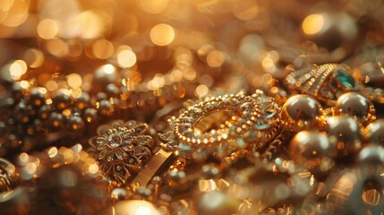 Close-up of stacks of gold jewelry, showcasing the radiant shine and rich tones of the precious metal