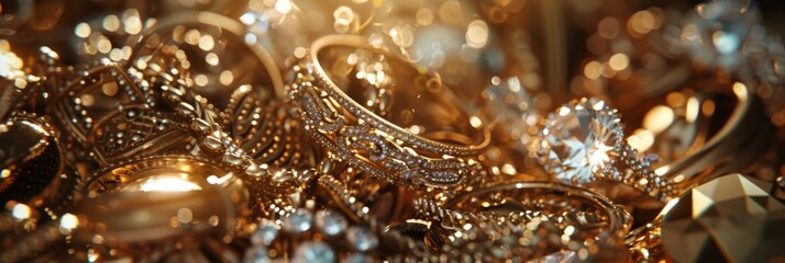 Piles of gold jewelry, highlighting a dazzling array of rings, bracelets and necklaces - obrazy, fototapety, plakaty