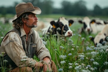 A rural scene captures a farmer sitting amidst wildflowers, observing his herd of cows, reflecting a serene agricultural lifestyle