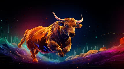 Foto op Aluminium bull in the night.A shimmering NFT bull charging through a digital landscape, its form composed of intricate vector lines © komal
