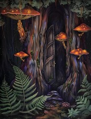 Fototapeta na wymiar Vibrant Acrylic Painting of an Enchanted Door Hidden Among Ancient Trees on a Junk Journal Page Evoking s Fantasy Art