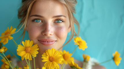 Obraz na płótnie Canvas Portrait of a smiling young woman with blue eyes holding yellow daisies on a turquoise background.