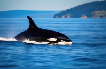 A large killer whale emerged from the sea near the island. Animals in the wild