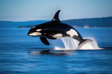 Fototapeta premium A large killer whale jumps over the sea near the island. Animals in the wild