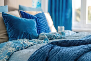 Modern bedroom, bed with blue blankets and blue pillows, close up