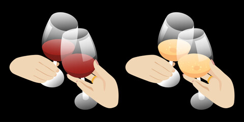 Two hands with glasses of wine. Set of isolated vector illustrations