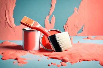 On a blue pastel background, a brush with a white handle is placed on an open can of Living Coral...