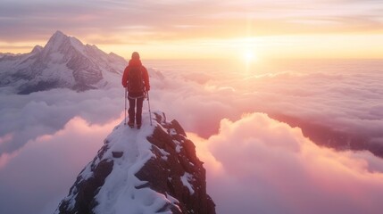 Hiker standing on tip of mountain top in winter in rugged lands with snow and majestic view. - obrazy, fototapety, plakaty