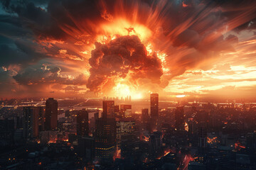 Mushroom of a nuclear explosion in the sky in the city