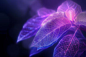 Transparent glowing neon leaves against dark background with bokeh effect