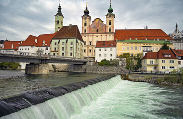 Panoramic view of the dam and the Steyr city in Upper Austria - 774253367