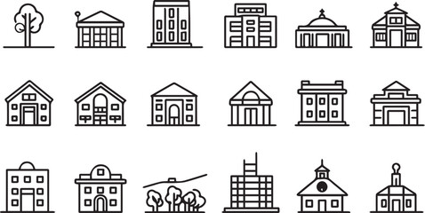 Buildings thin line vector icons black on white background