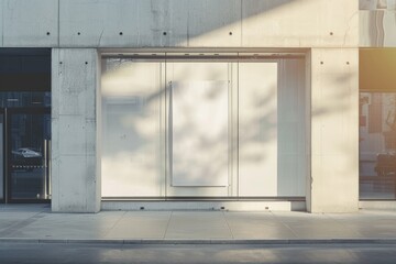 Modern daylit glass storefront in concrete building with empty white mock up banner