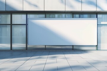 Modern daylit glass storefront in concrete building with empty white mock up banner