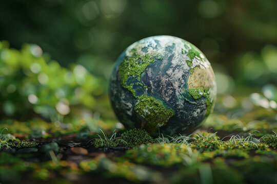 Miniature Earth globe on mossy surface with blurred green background. Earth Day wallpaper