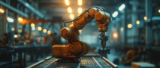 As the day shifts into night, the factory comes alive with a new energy, and the robotic arm takes center stage amidst the dramatic lighting, its movements choreographed with precision. - obrazy, fototapety, plakaty