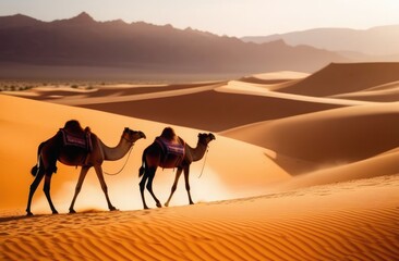 Fototapeta na wymiar Camels walk through a desert landscape on a hot day