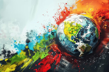Colorful paint splashes around artistic representation of Earth planet with copy space