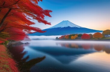 Fototapeta na wymiar Gorgeous autumn landscape with a volcano reflected in the lake on a foggy day
