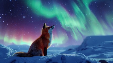 Red fox in wild snow field with beautiful aurora northern lights in night sky with snow forest in...