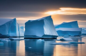 Large glaciers in the sea with reflection on the water at dawn - obrazy, fototapety, plakaty