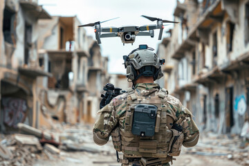 A soldier drone operator launches a drone for reconnaissance of the territory - obrazy, fototapety, plakaty