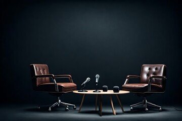 two chairs and microphones in podcast or interview room on dark background as a wide banner for...