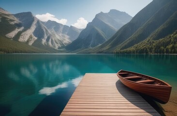 Picturesque mountain landscape with lake, old wooden pier and boat