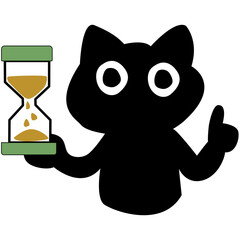 A black cat holding an hourglass clocks with sand. Time management.