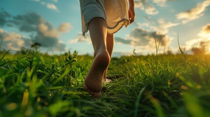 A person walking barefoot on grass, highlighting the sensory connection with earth - obrazy, fototapety, plakaty
