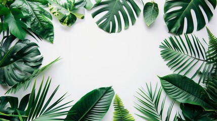 Green assortment of various leaves on a white background with space for text. Top view, Minimal flat lay, Copy space. Eco-friendly concept of nature, biophilia.