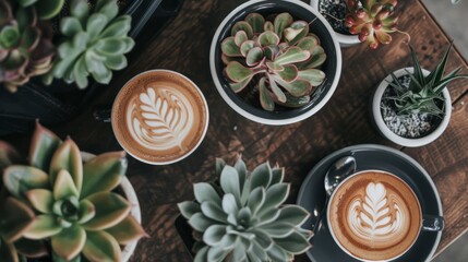 Coffee cups with latte art and succulent plants on wooden table. Overhead view with copy space.
