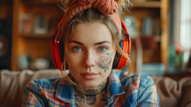 A contemporary tattooed woman sitting on the floor in the living room and listening music