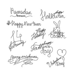 Holiday inscription set, lettering continuous line drawing, calligraphy text New Year, Easter, Valentine, Halloween, Ramadan, logo design, handwritten inscription, isolated vector.