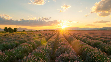 Sunset over a blooming lavender field with distant mountains
