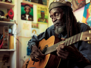 Indoor casual portrait of a reggae man with dreadlocks playing guitar